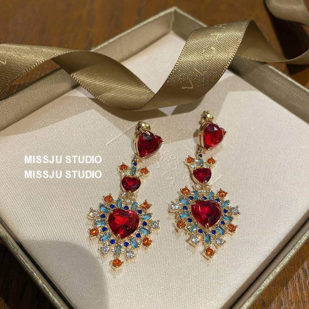 Heart-Shaped Vintage Tribal Multi Stone Dangle Earrings Red