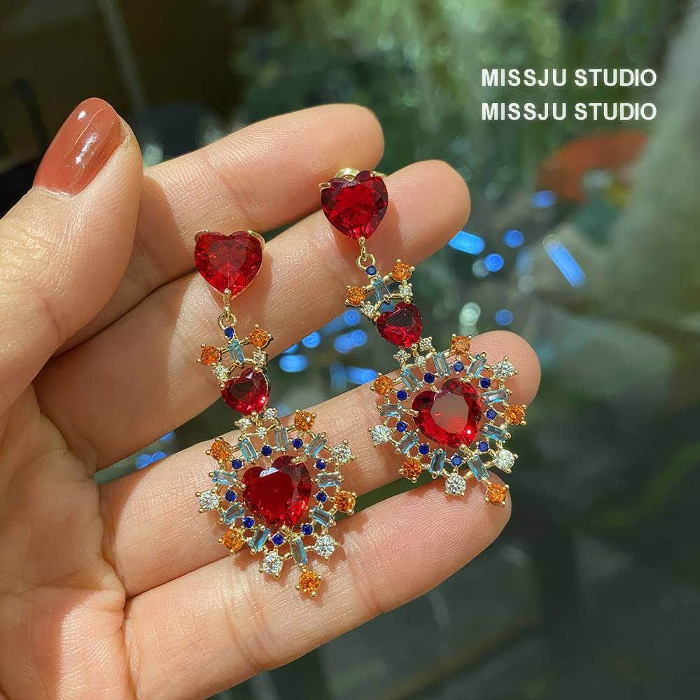 Heart-Shaped Vintage Tribal Multi Stone Dangle Earrings Red