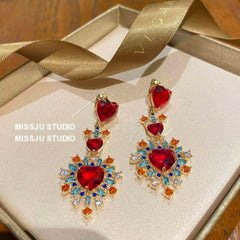 Heart-Shaped Vintage Tribal Multi Stone Dangle Earrings Red