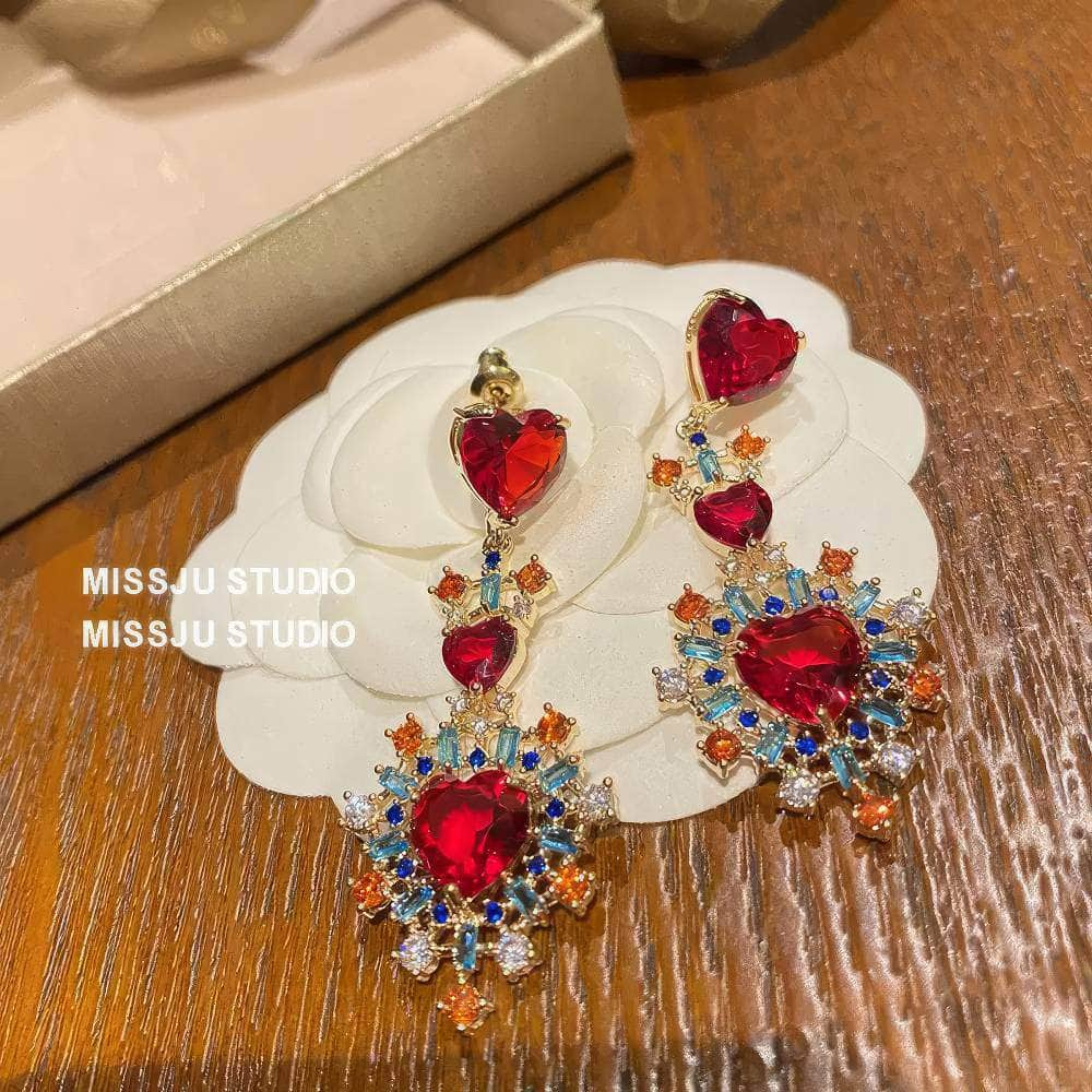 Heart-Shaped Vintage Tribal Multi Stone Dangle Earrings Red