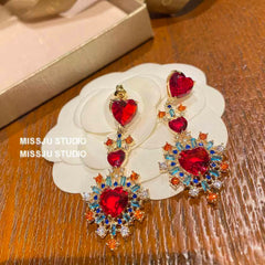 Heart-Shaped Vintage Tribal Multi Stone Dangle Earrings Red