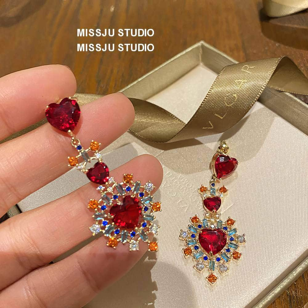 Heart-Shaped Vintage Tribal Multi Stone Dangle Earrings Red