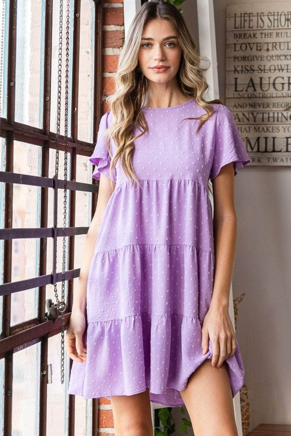 Heimish Full Size Swiss Dot Short Sleeve Tiered Dress LILAC / S