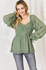 HEYSON Full Size Floral Surplice Peplum Blouse SHAMROCK GREEN / S