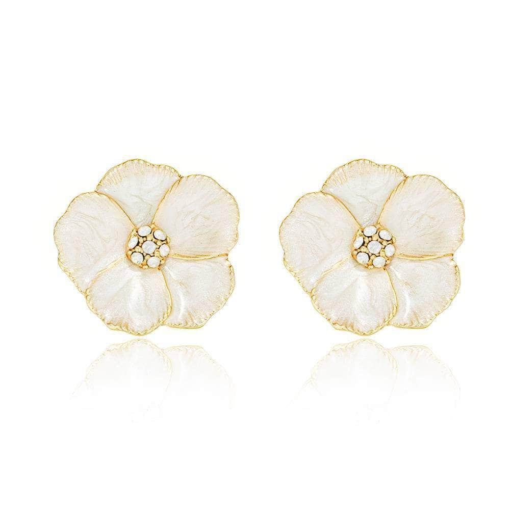 Hibiscus Shaped Rhinestone Decor Statement Earrings White / Clip On