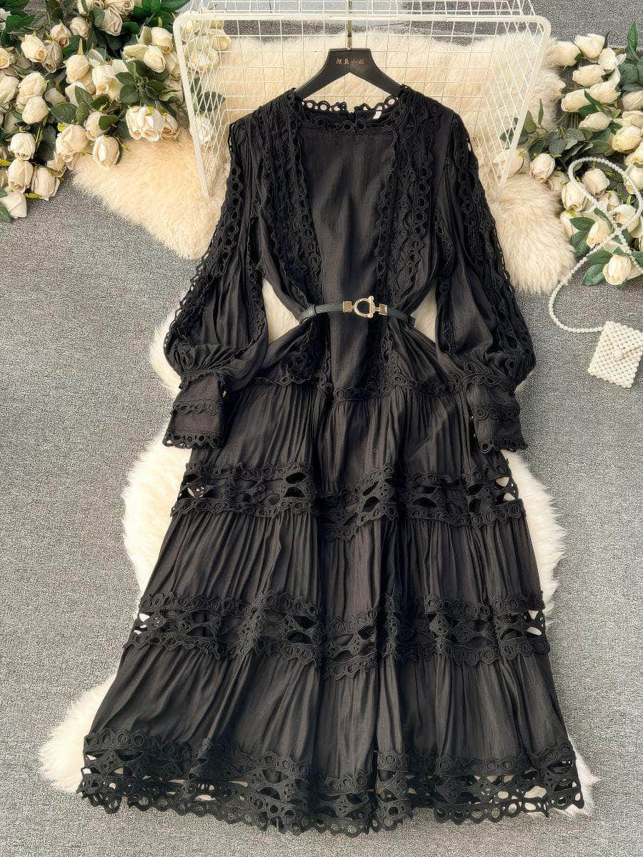 High Collar Floral Lantern Sleeves Hollow Embroidered Maxi Dress L / Black / With Belt