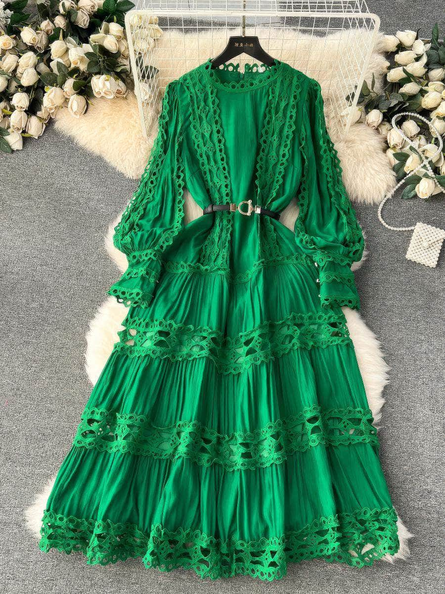 High Collar Floral Lantern Sleeves Hollow Embroidered Maxi Dress L / Green / With Belt