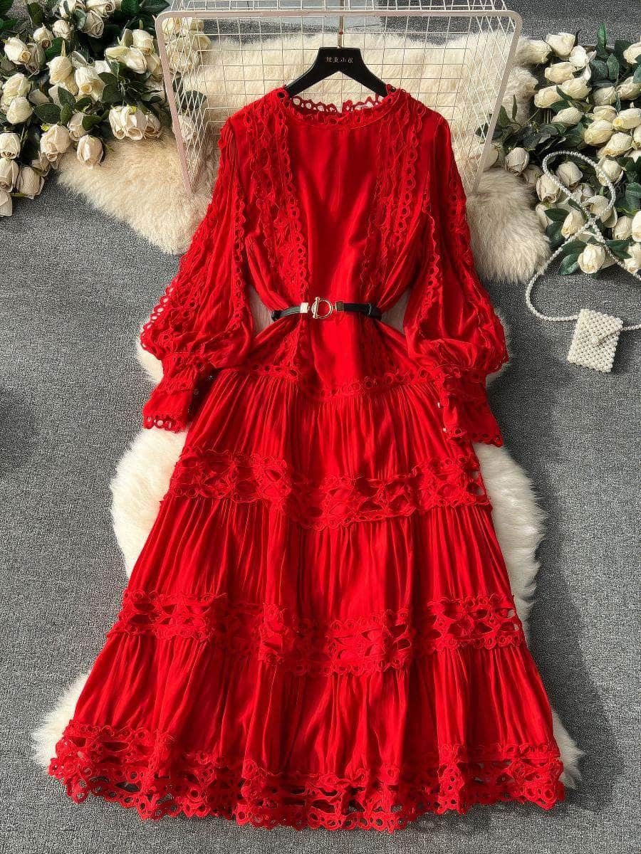 High Collar Floral Lantern Sleeves Hollow Embroidered Maxi Dress L / red / With Belt