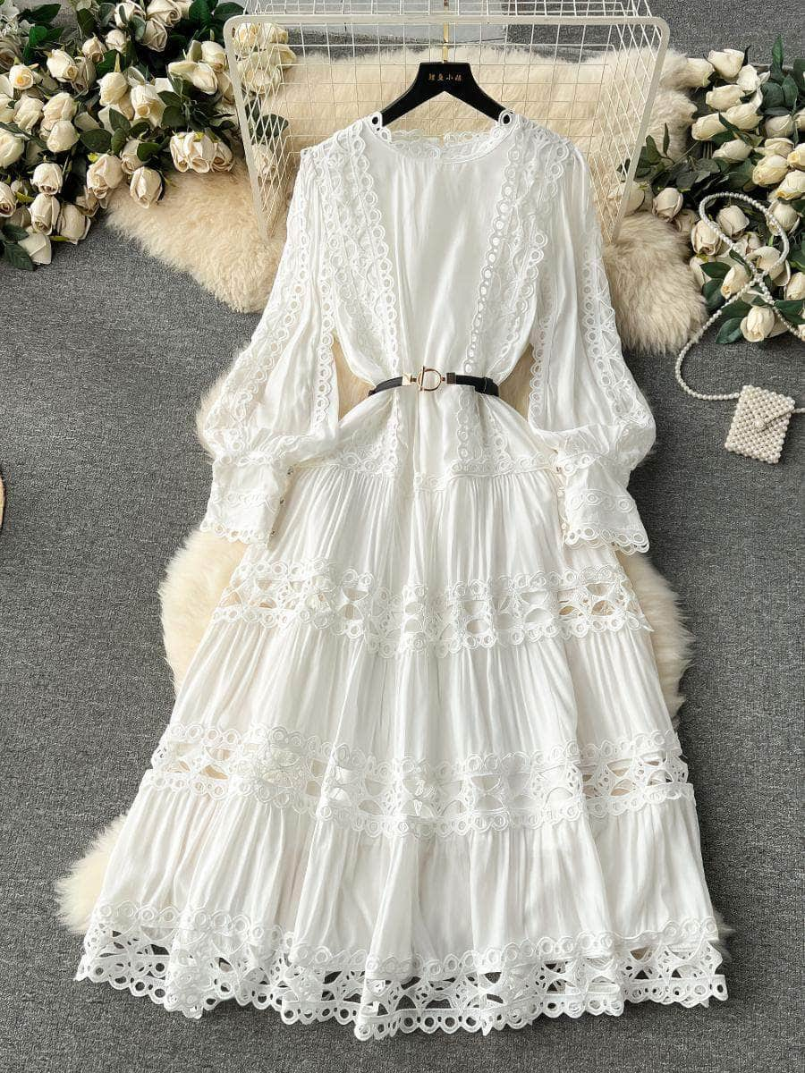 High Collar Floral Lantern Sleeves Hollow Embroidered Maxi Dress L / White / With Belt