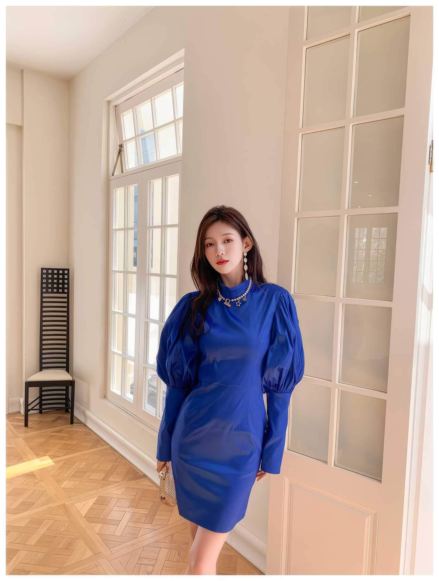 High Collar Lantern Sleeves Column Mini Dress