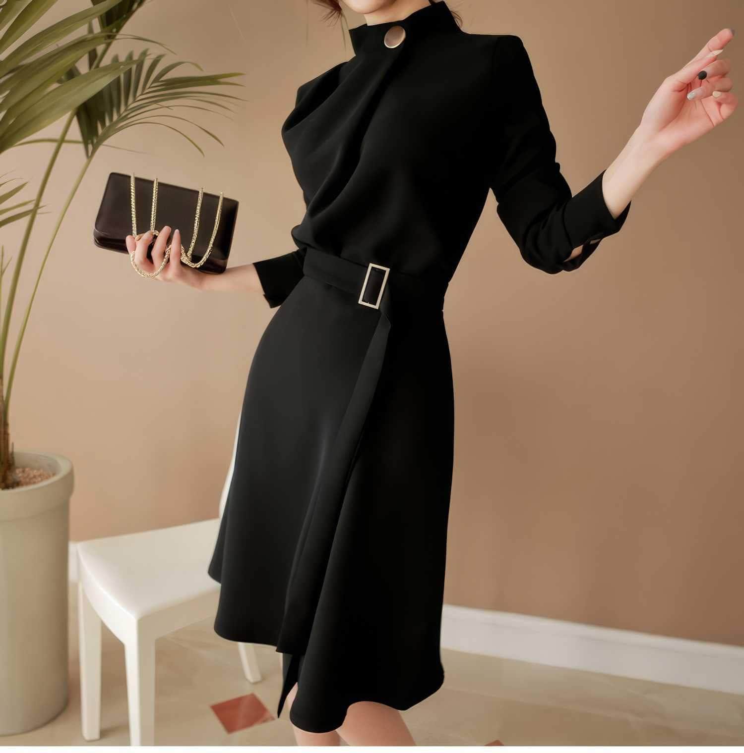 High Collar Neck Belted A-line Dress