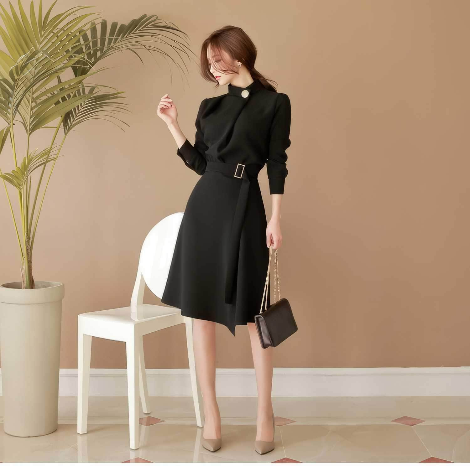 High Collar Neck Belted A-line Dress