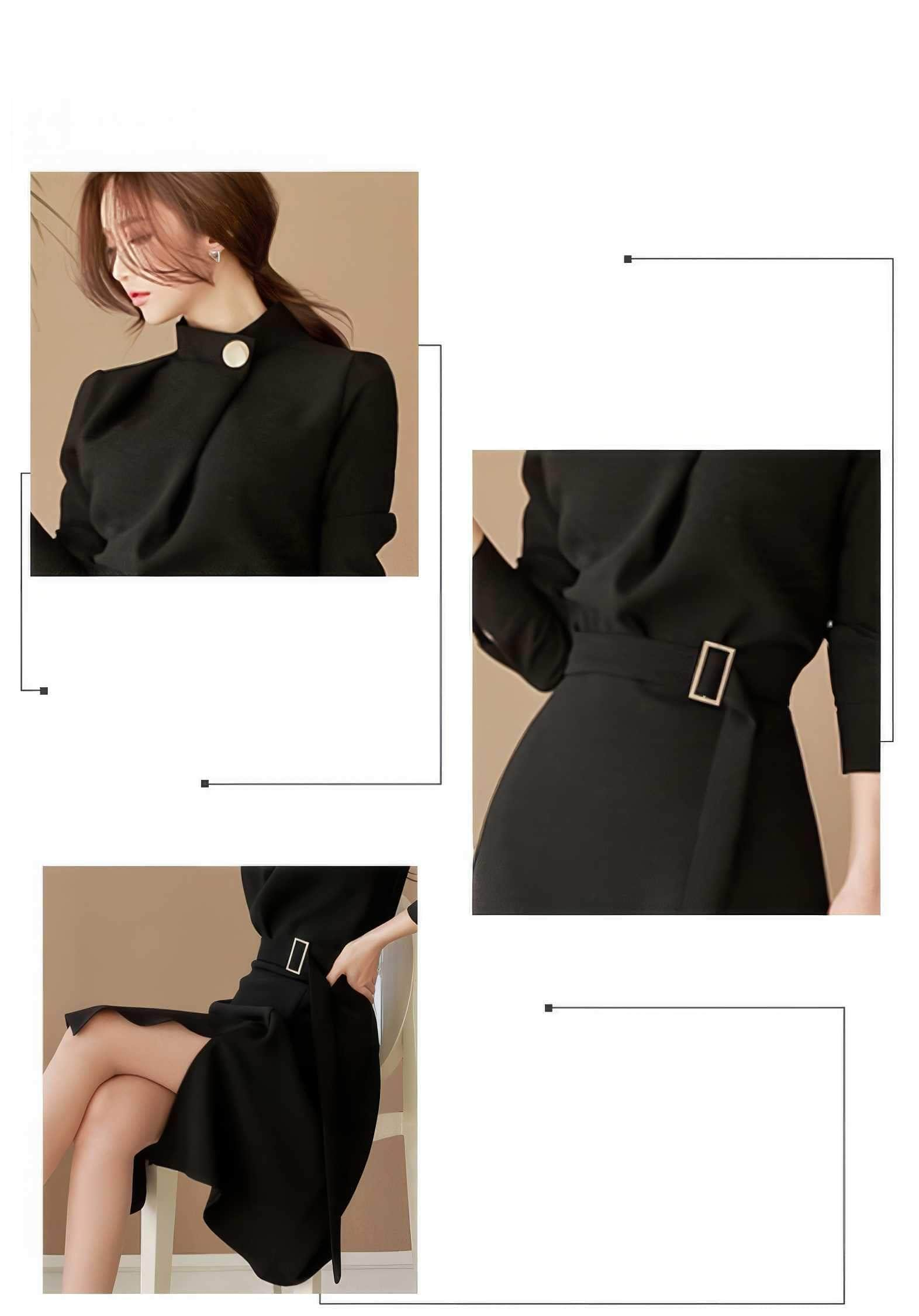 High Collar Neck Belted A-line Dress