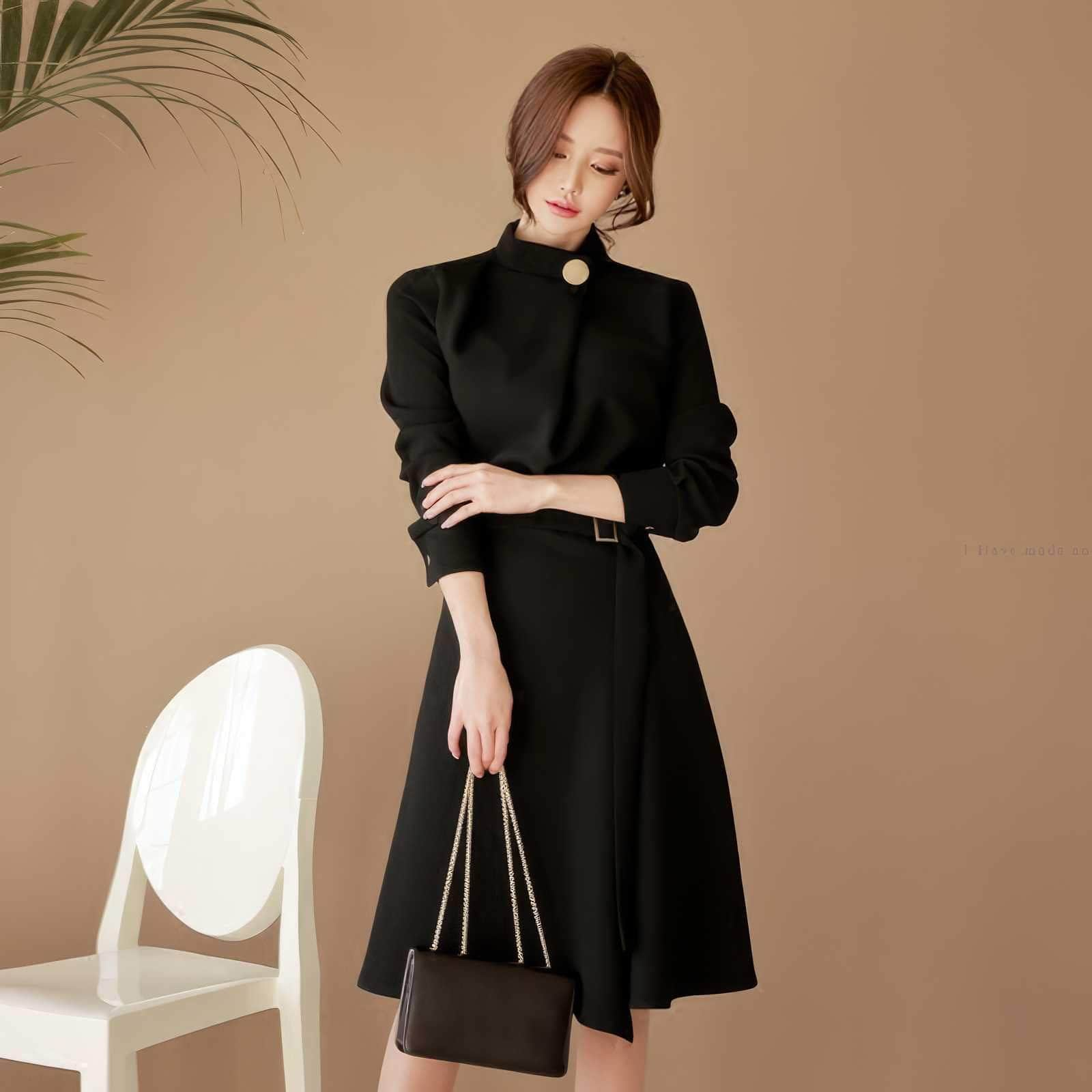 High Collar Neck Belted A-line Dress