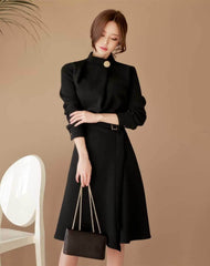 High Collar Neck Belted A-line Dress S / Black