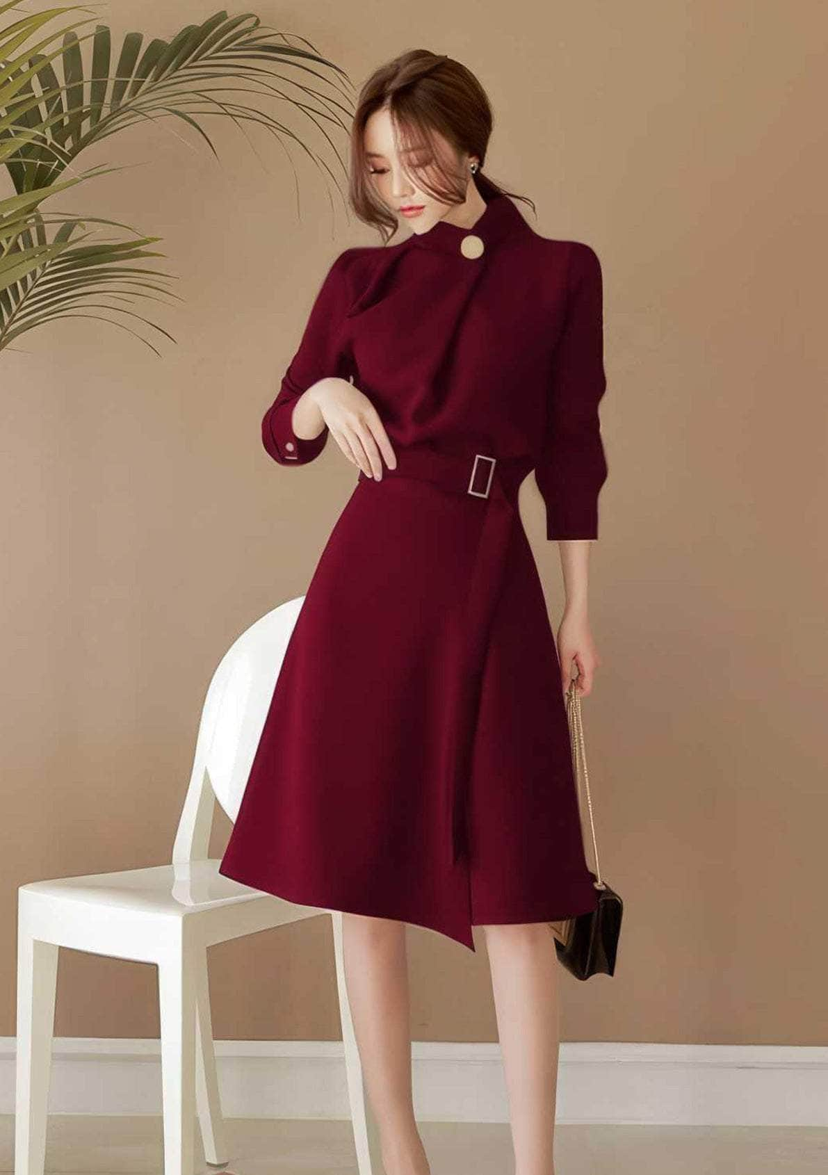 High Collar Neck Belted A-line Dress S / DarkRed