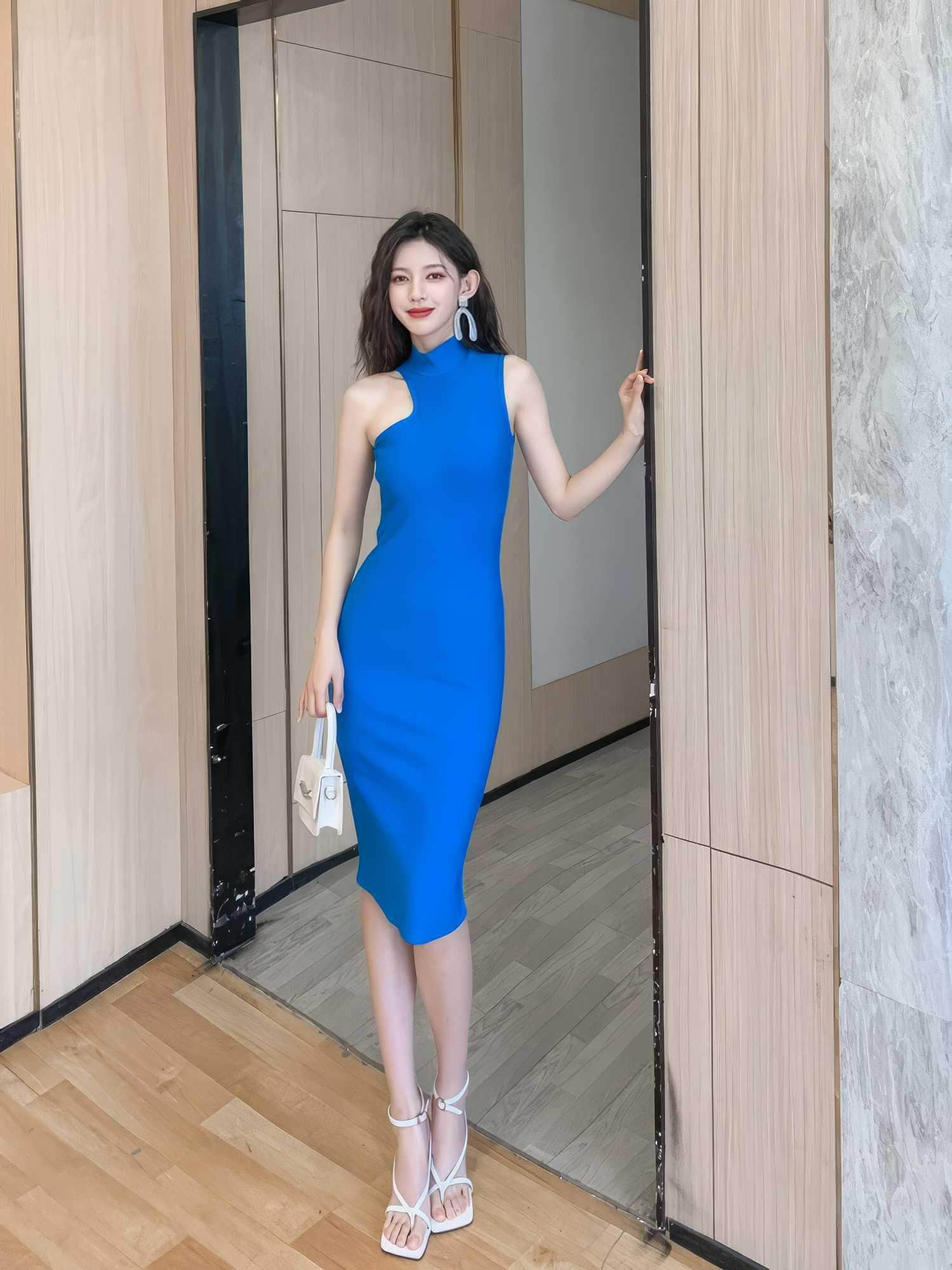 High Neck Cutout Sleeves Bandage Midi Dress