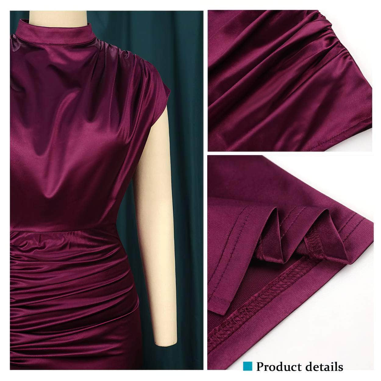 High Neck Draped Pleated Side Slit Satin Dress