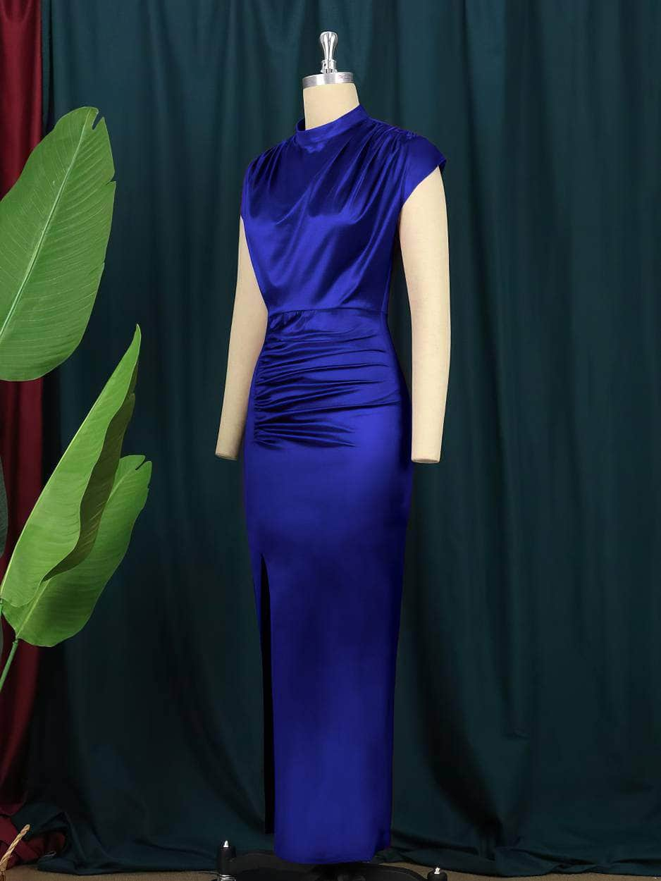 High Neck Draped Pleated Side Slit Satin Dress