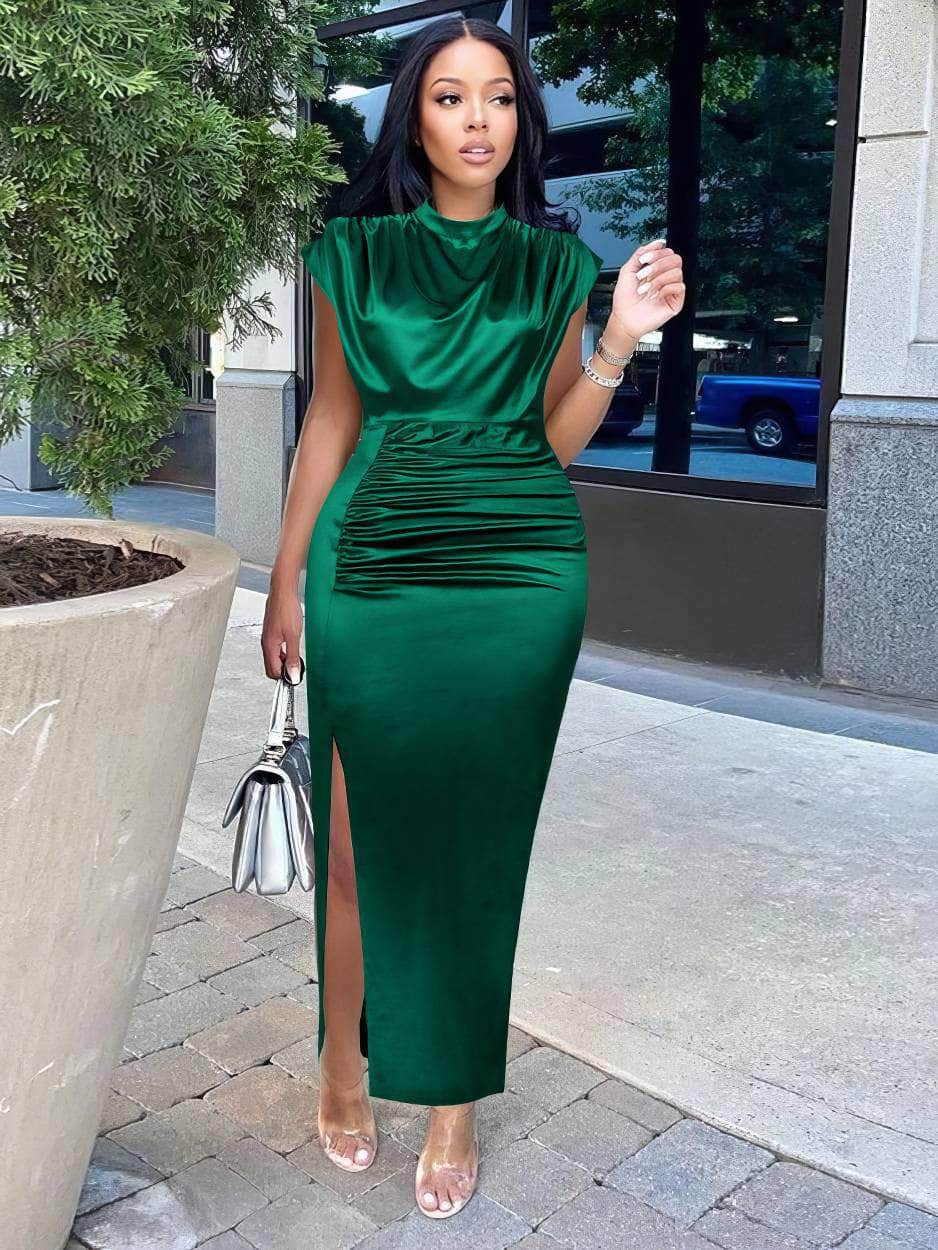 High Neck Draped Pleated Side Slit Satin Dress