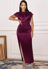 High Neck Draped Pleated Side Slit Satin Dress