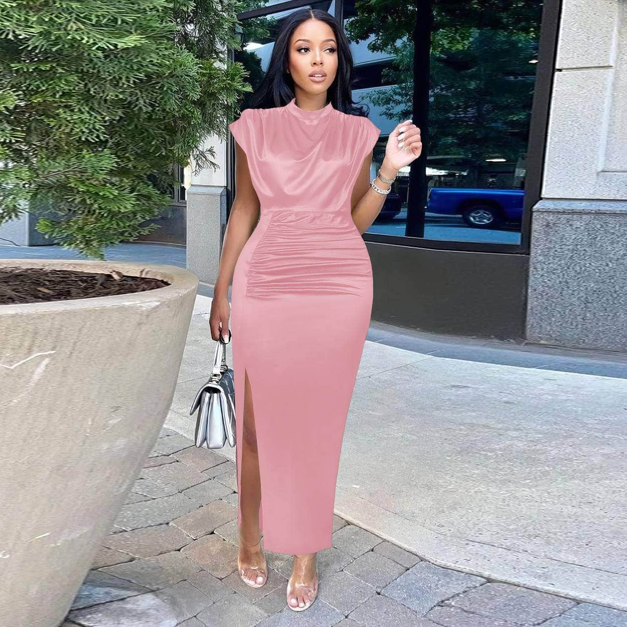 High Neck Draped Pleated Side Slit Satin Dress US 4-6 / Pink