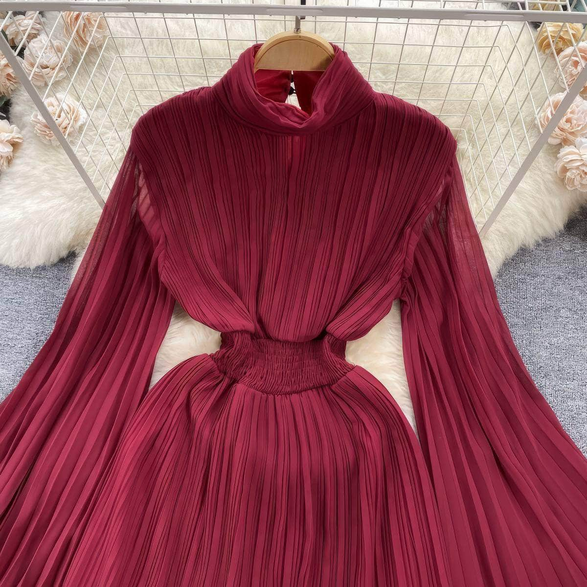 High Neck Flared Sleeves Pleated Mini Chiffon Dress