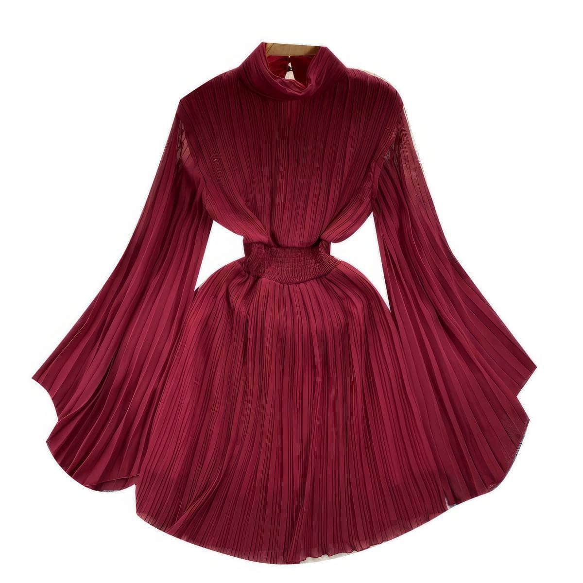 High Neck Flared Sleeves Pleated Mini Chiffon Dress