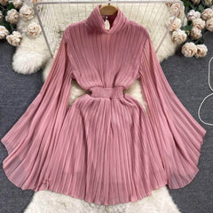 High Neck Flared Sleeves Pleated Mini Chiffon Dress