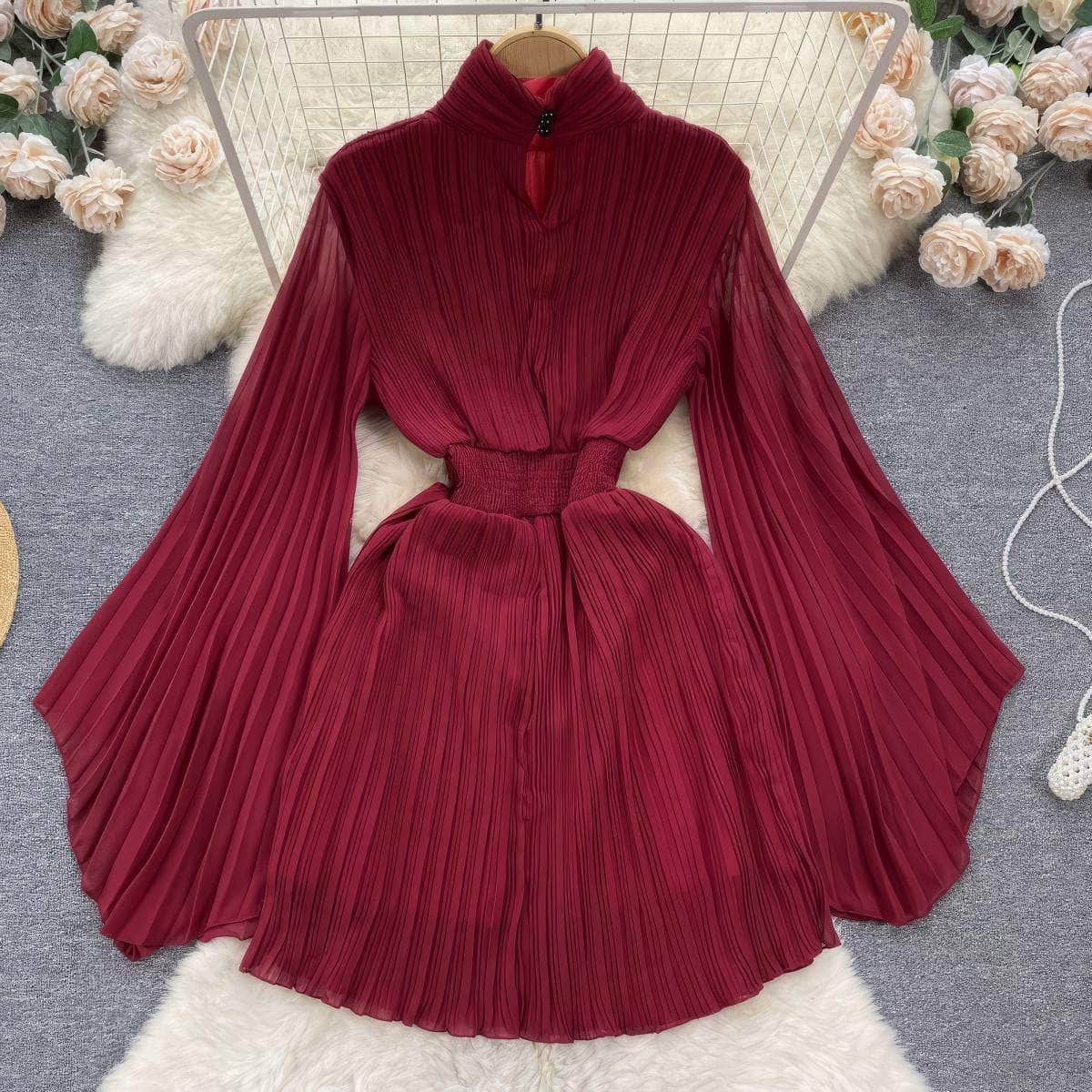 High Neck Flared Sleeves Pleated Mini Chiffon Dress