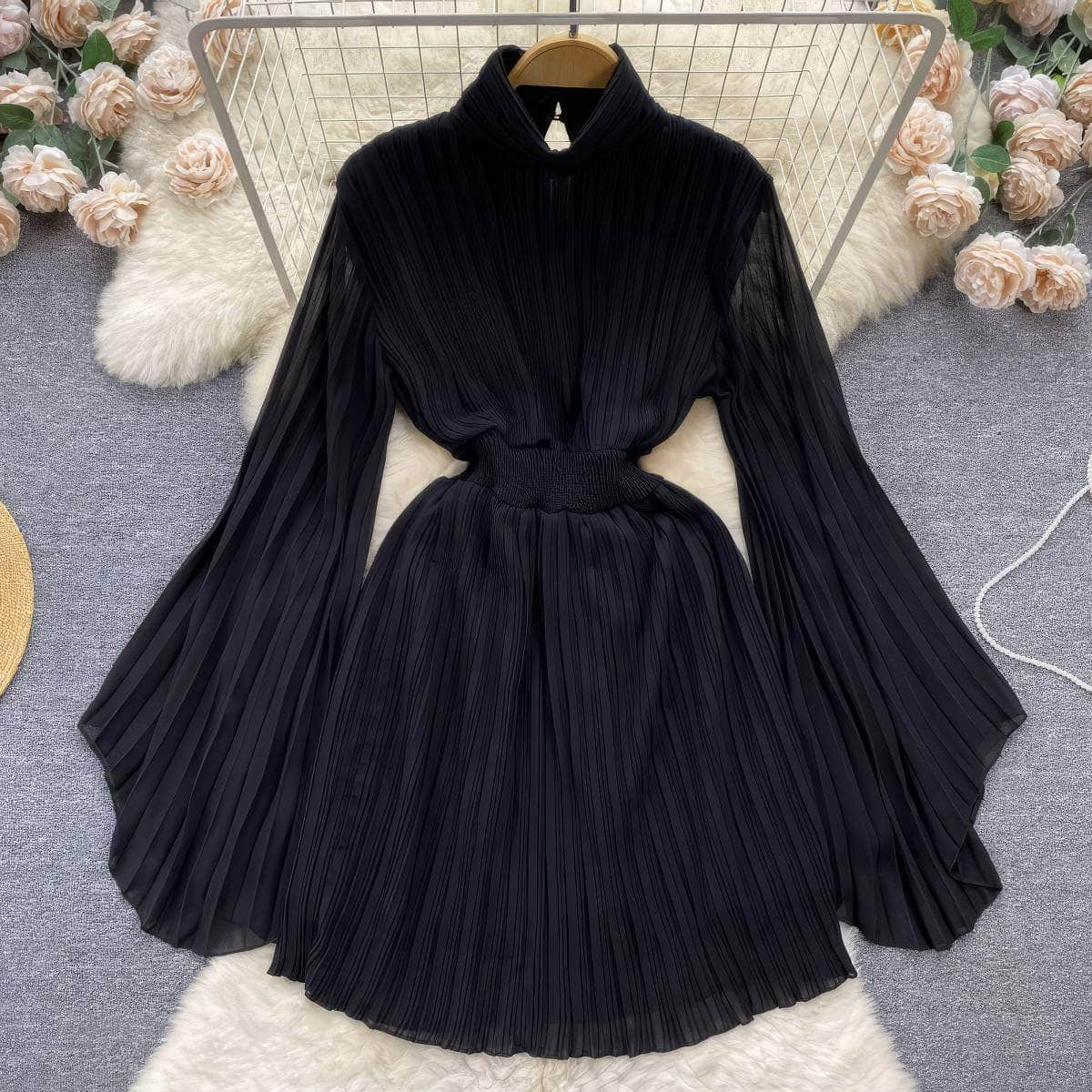 High Neck Flared Sleeves Pleated Mini Chiffon Dress MAX SIZE / Black