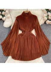 High Neck Flared Sleeves Pleated Mini Chiffon Dress MAX SIZE / Brown