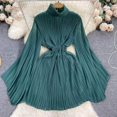 High Neck Flared Sleeves Pleated Mini Chiffon Dress MAX SIZE / Green