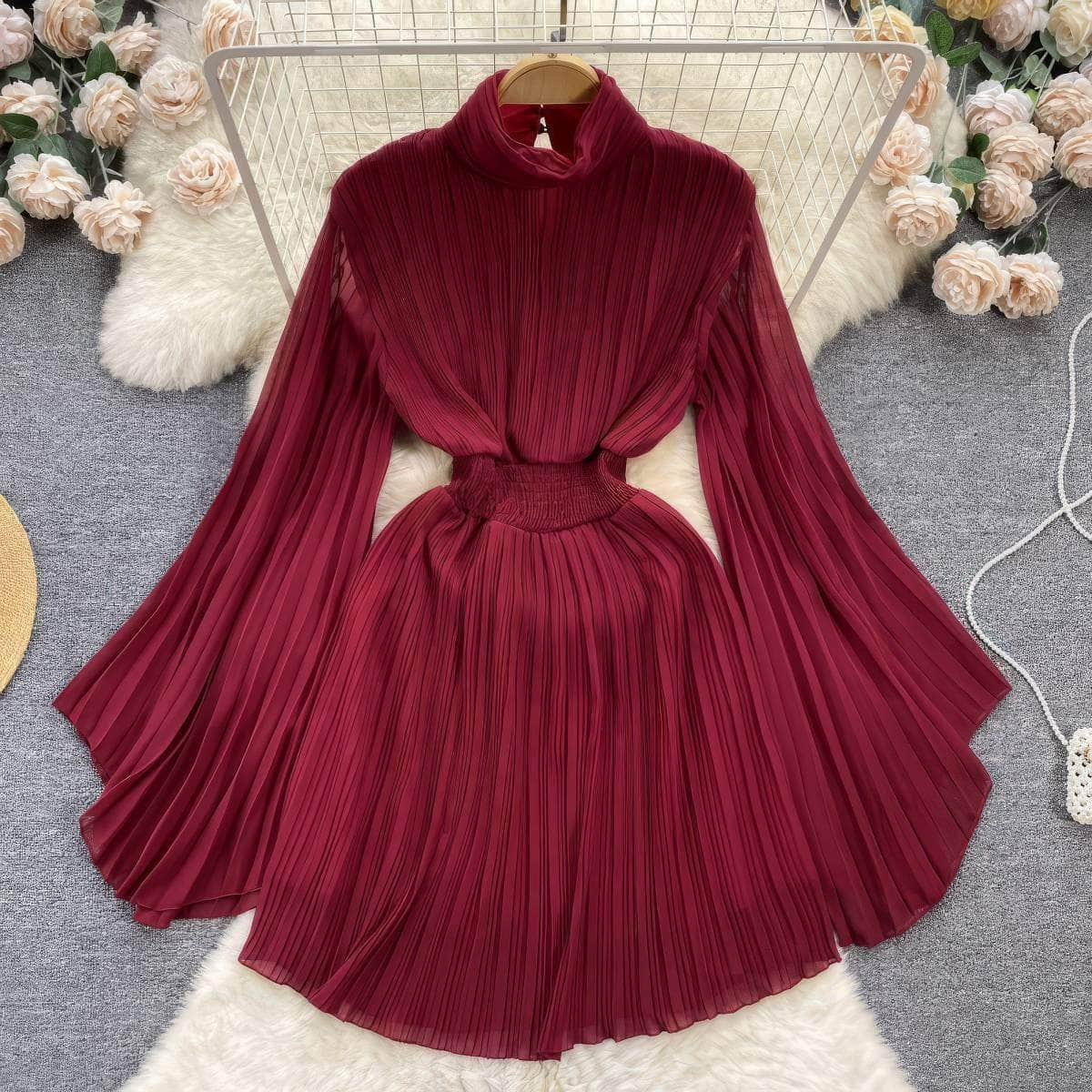 High Neck Flared Sleeves Pleated Mini Chiffon Dress MAX SIZE / Maroon