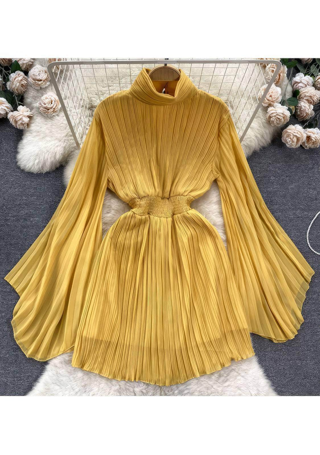 High Neck Flared Sleeves Pleated Mini Chiffon Dress MAX SIZE / Yellow