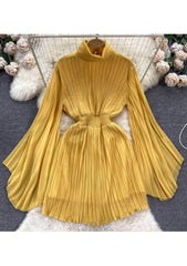 High Neck Flared Sleeves Pleated Mini Chiffon Dress MAX SIZE / Yellow