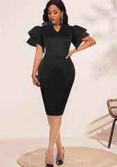 High Neck Layered Ruffled Sleeves Column Dress