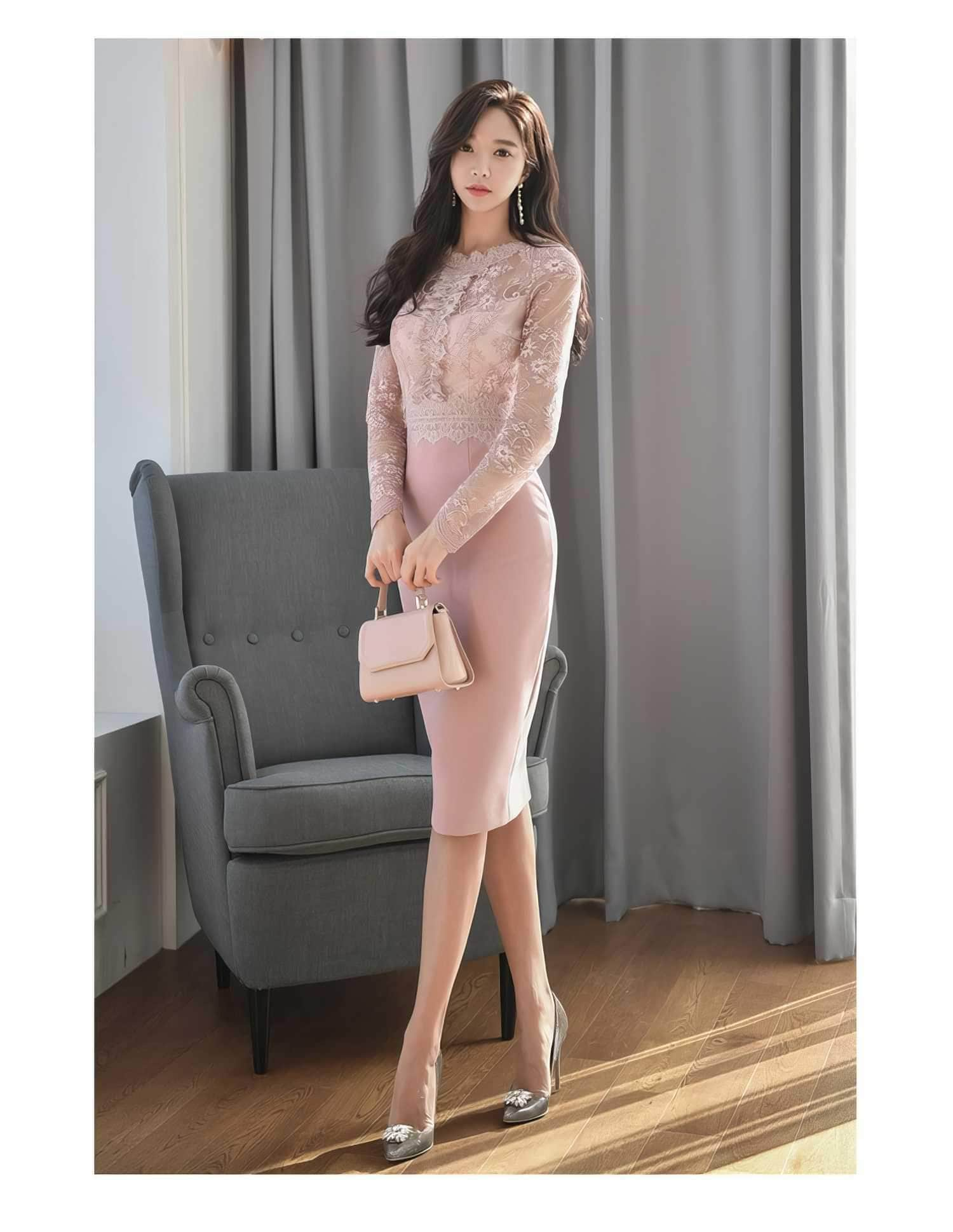 High Neck Long Sleeve Lace Slim Fit Dress