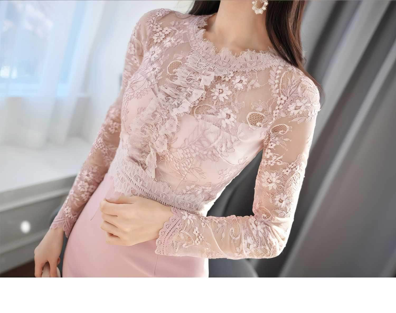 High Neck Long Sleeve Lace Slim Fit Dress