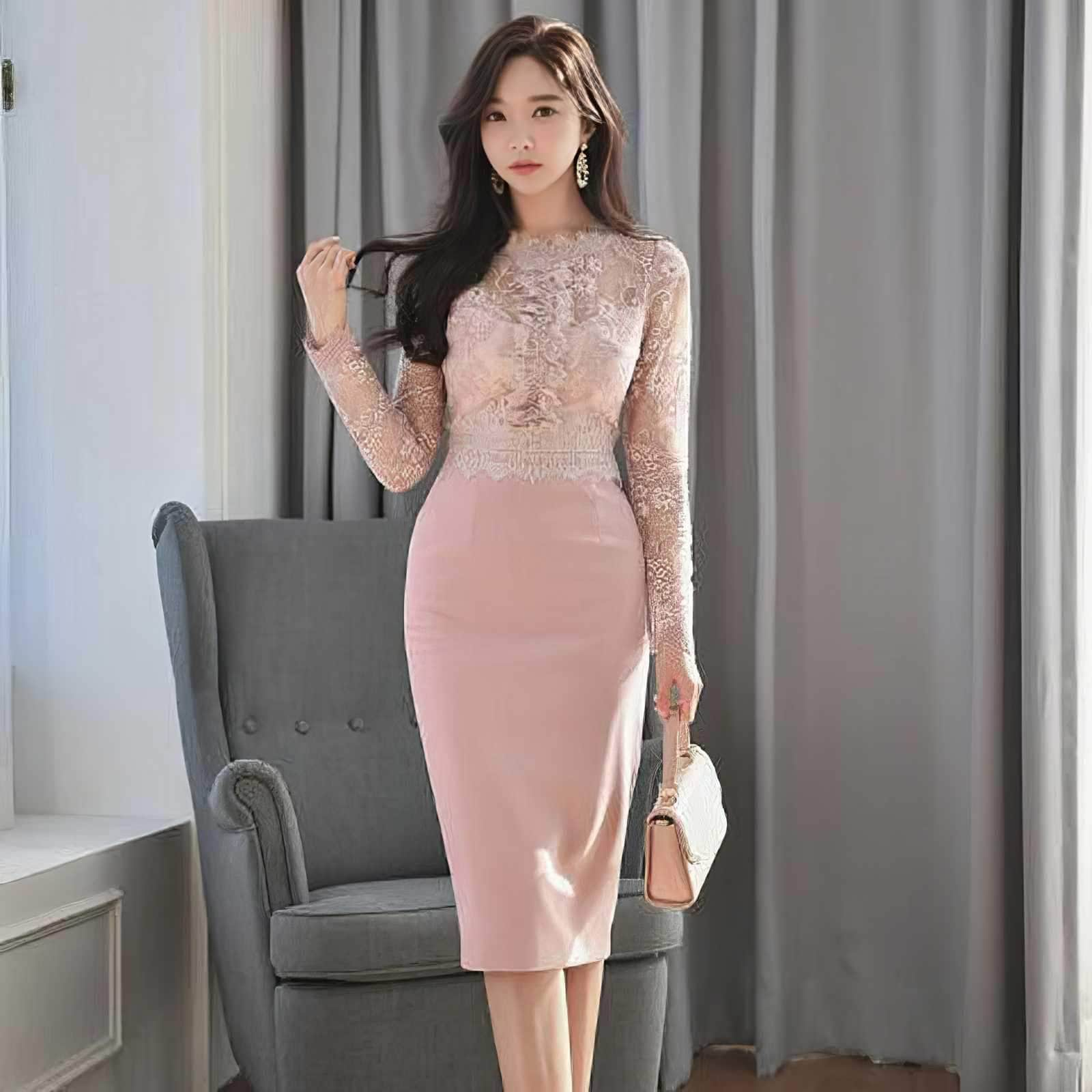 High Neck Long Sleeve Lace Slim Fit Dress