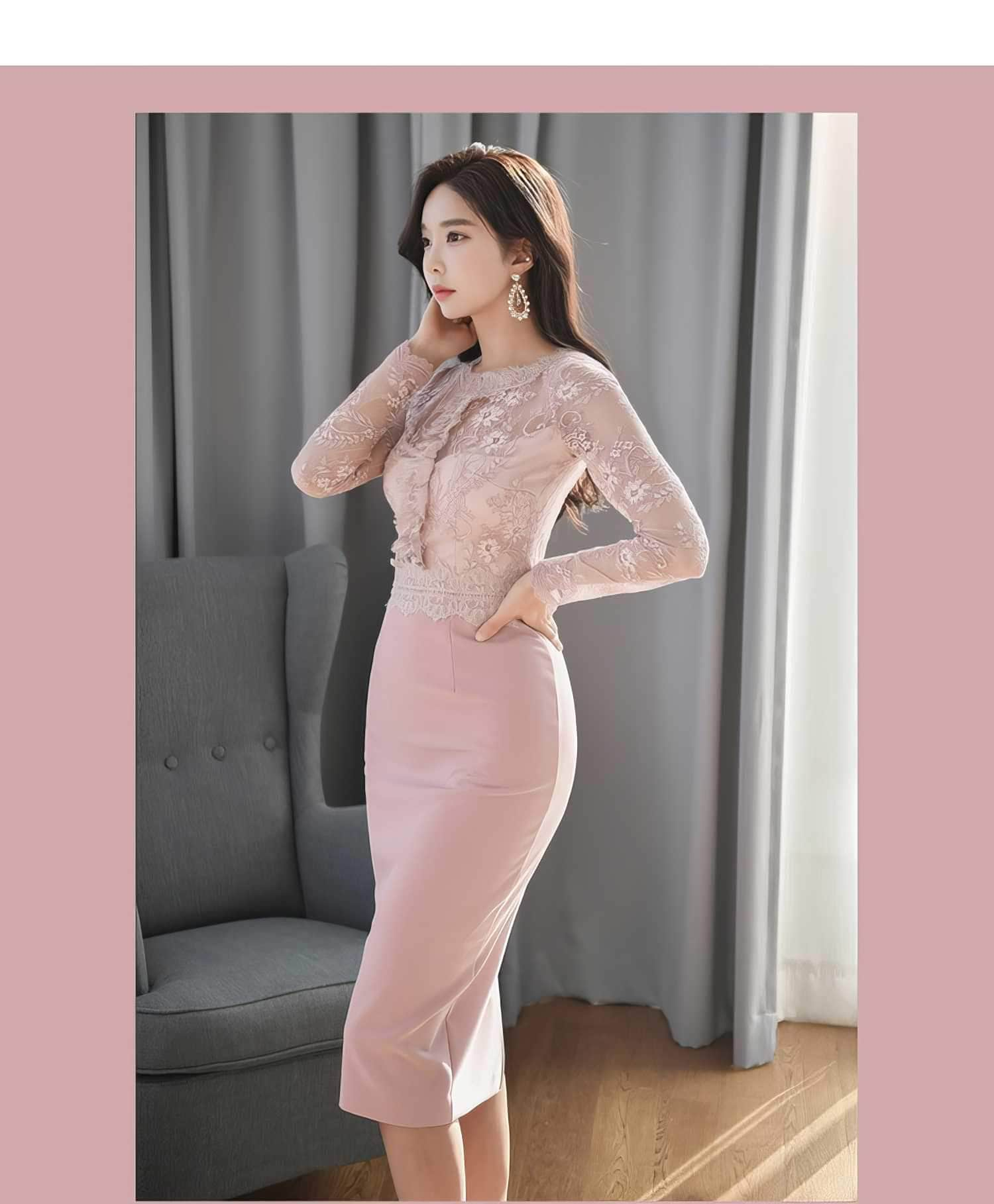 High Neck Long Sleeve Lace Slim Fit Dress