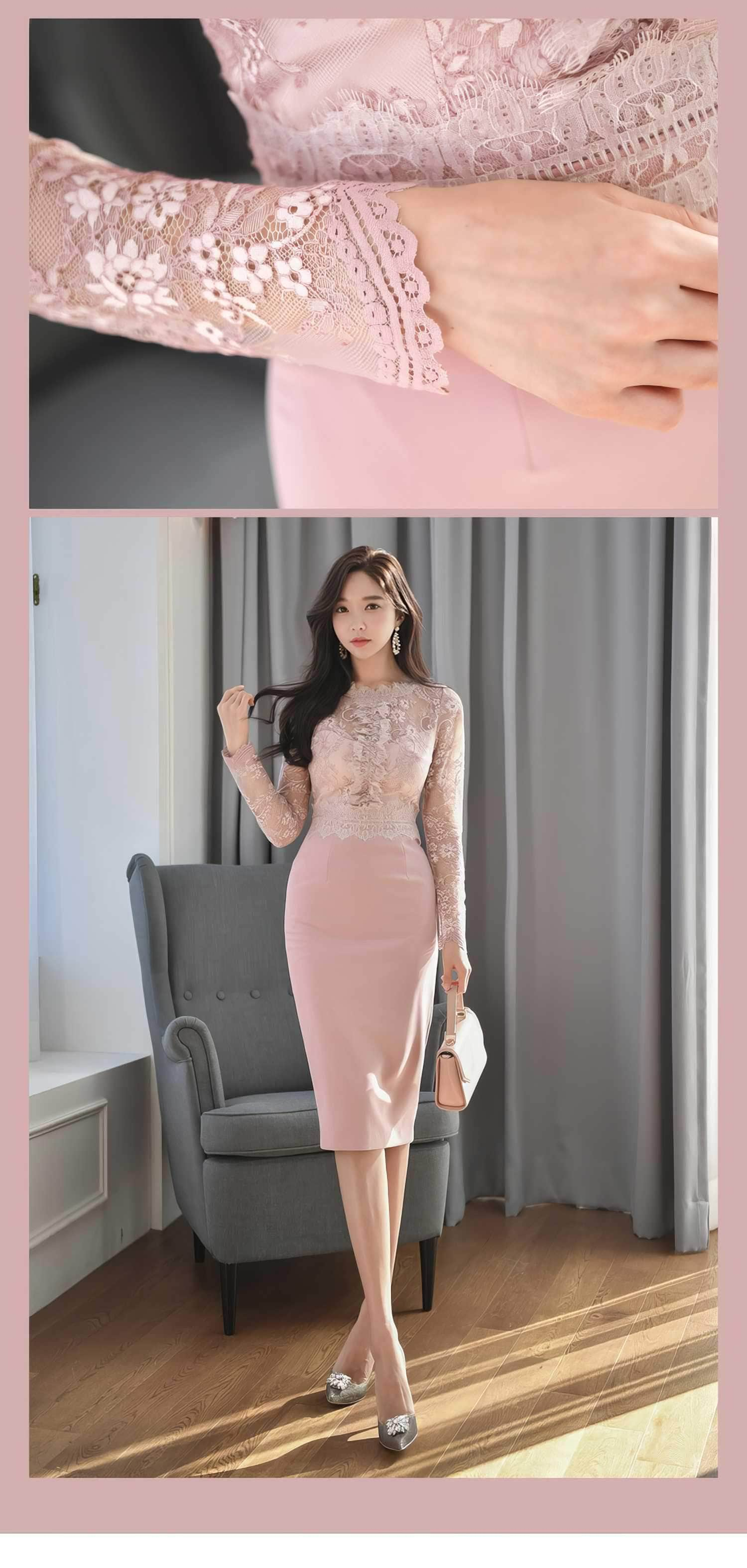 High Neck Long Sleeve Lace Slim Fit Dress