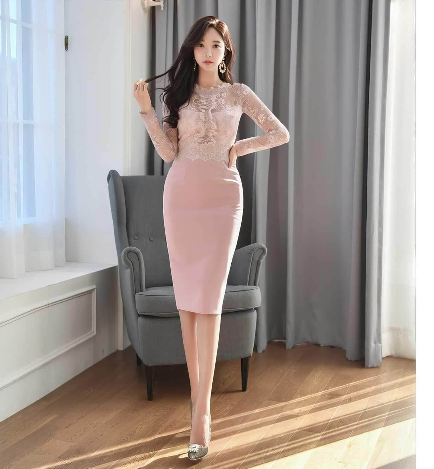 High Neck Long Sleeve Lace Slim Fit Dress