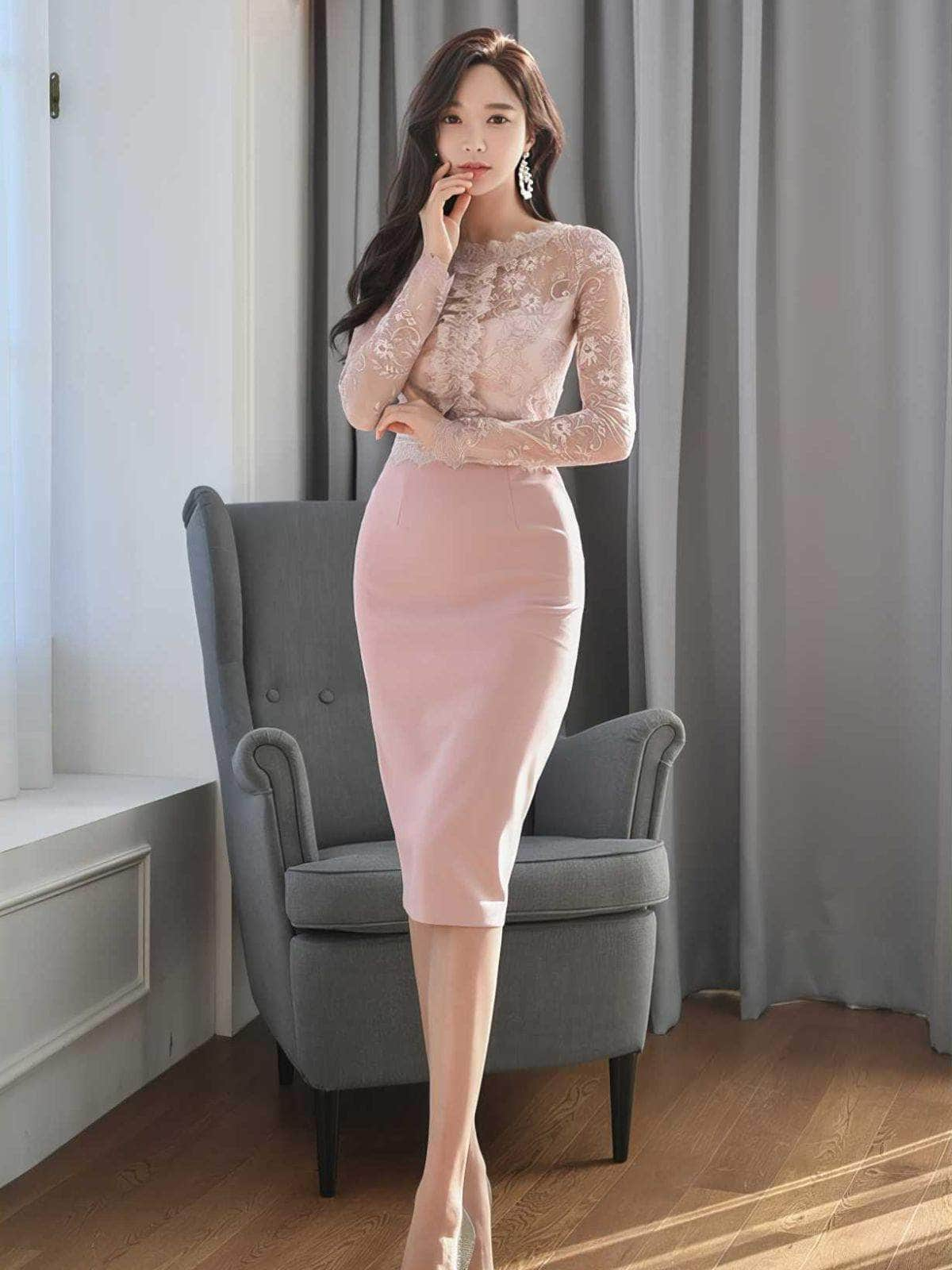 High Neck Long Sleeve Lace Slim Fit Dress S / LightPink