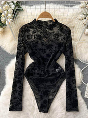 High Neck Long Sleeves Lace Bodysuit