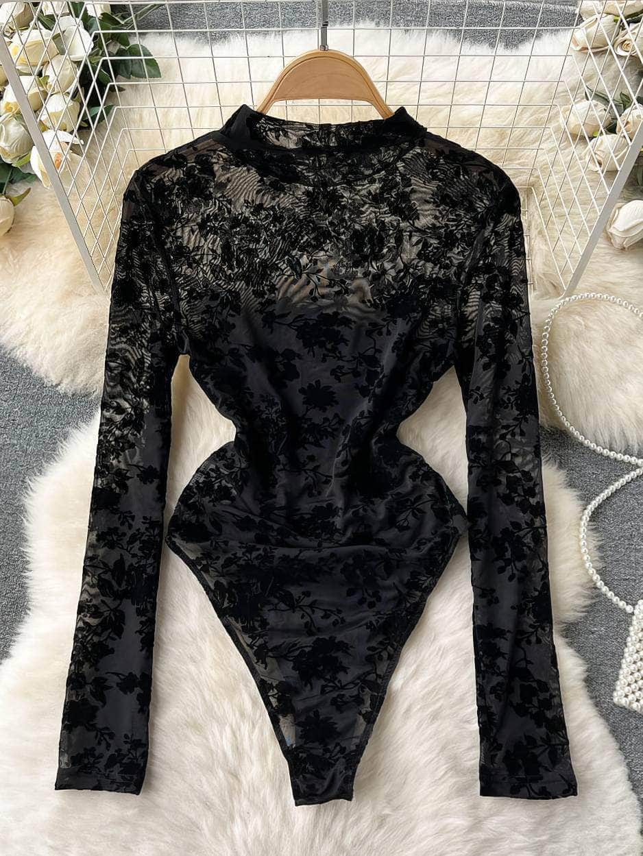 High Neck Long Sleeves Lace Bodysuit S / Black