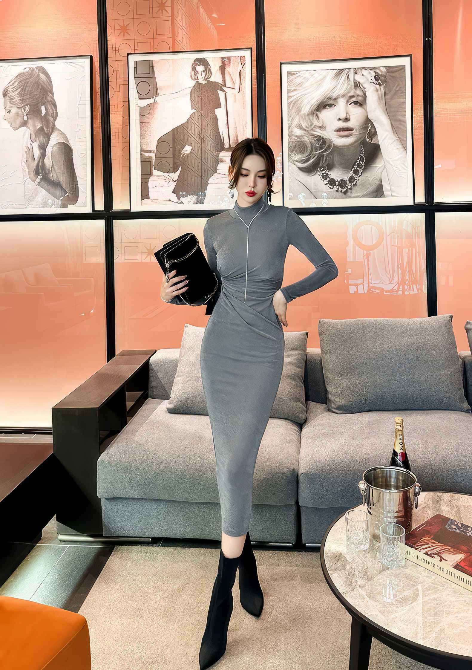 High Neck Long Sleeves Pleated Bodycon Dress