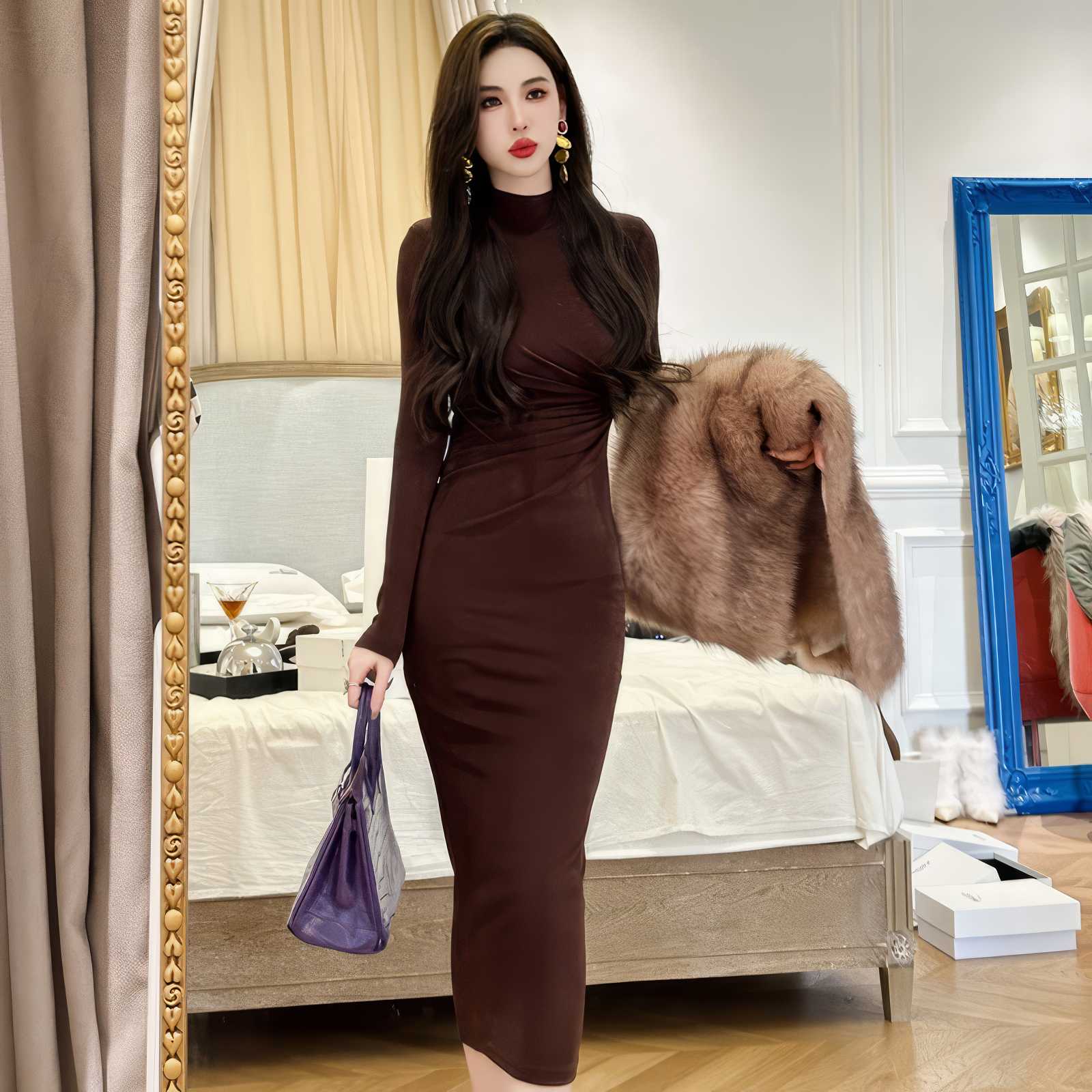 High Neck Long Sleeves Pleated Bodycon Dress