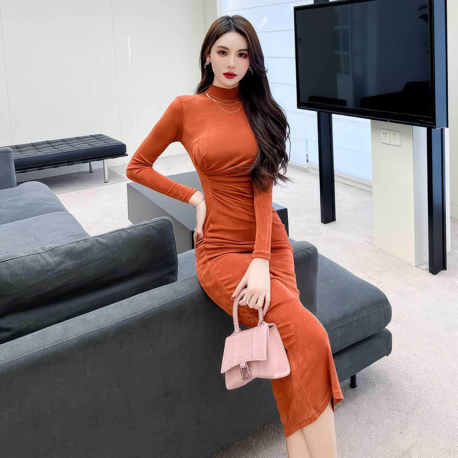 High Neck Long Sleeves Pleated Bodycon Dress