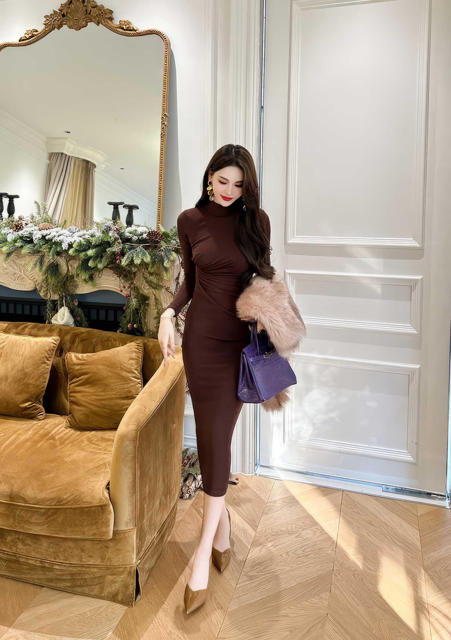 High Neck Long Sleeves Pleated Bodycon Dress